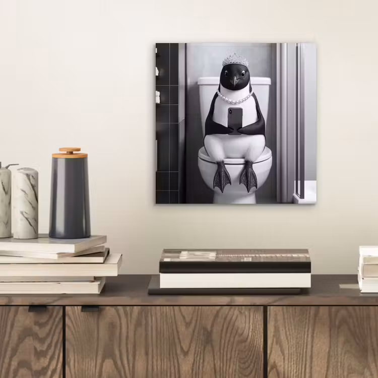 Aluminium schilderij - Pinguïn - Telefoon - Toilet - Zwart - Wit — 2