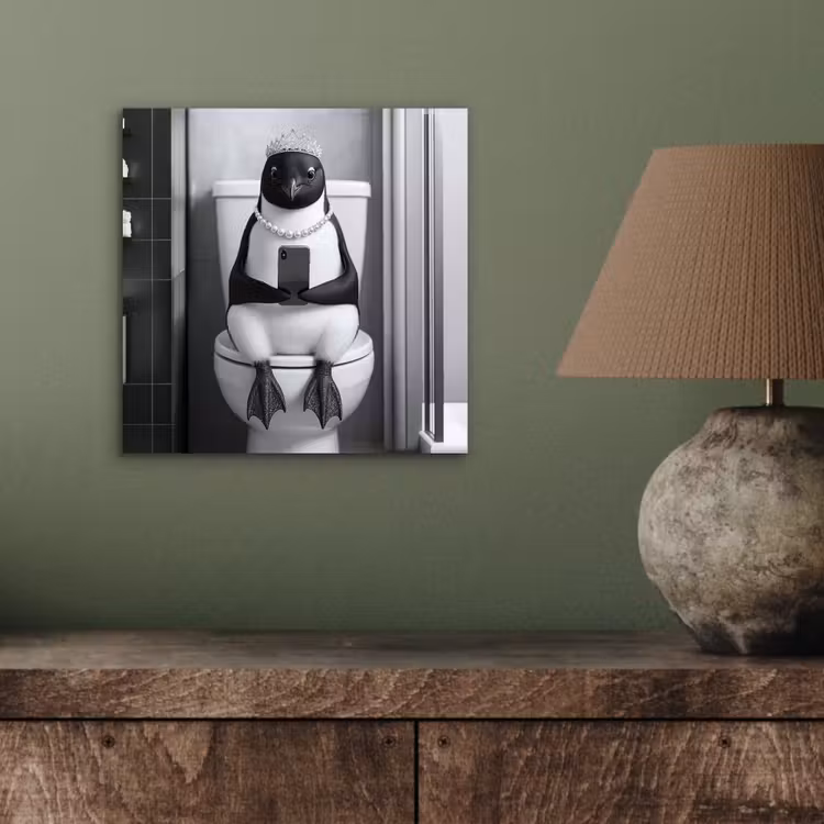 Aluminium schilderij - Pinguïn - Telefoon - Toilet - Zwart - Wit — 3