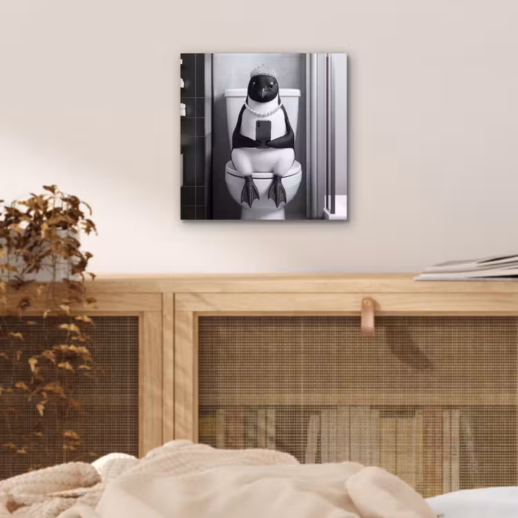 Aluminium schilderij - Pinguïn - Telefoon - Toilet - Zwart - Wit — 4