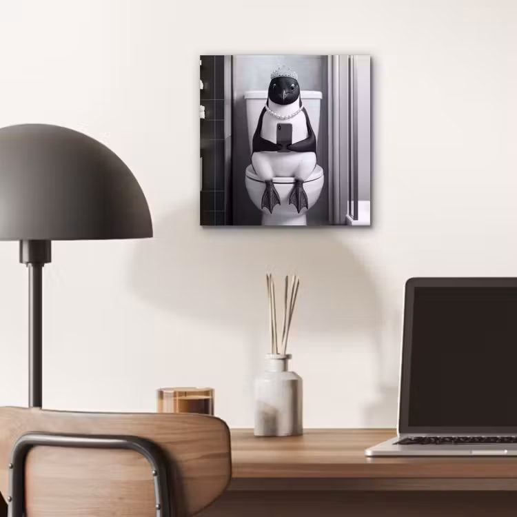 Aluminium schilderij - Pinguïn - Telefoon - Toilet - Zwart - Wit — 6