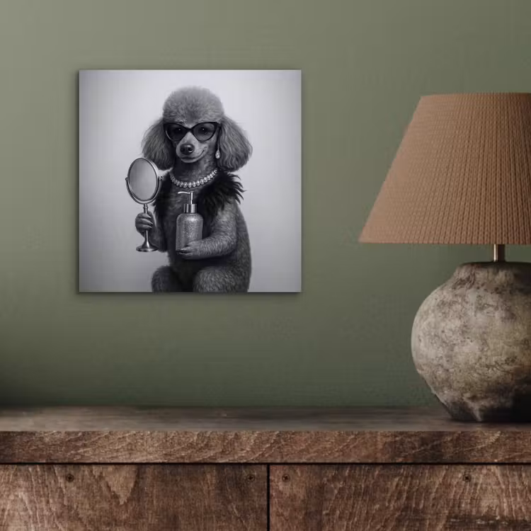 Aluminium schilderij - Poedel - Spiegel - Zwart - Wit — 3