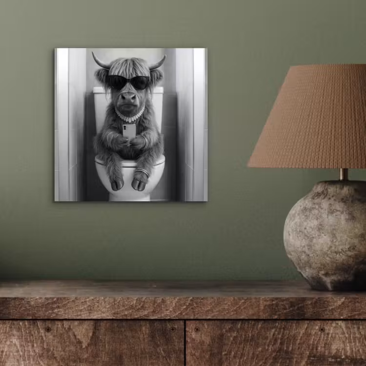 Aluminium schilderij - Stier - Telefoon - Toilet - Zwart - Wit — 3