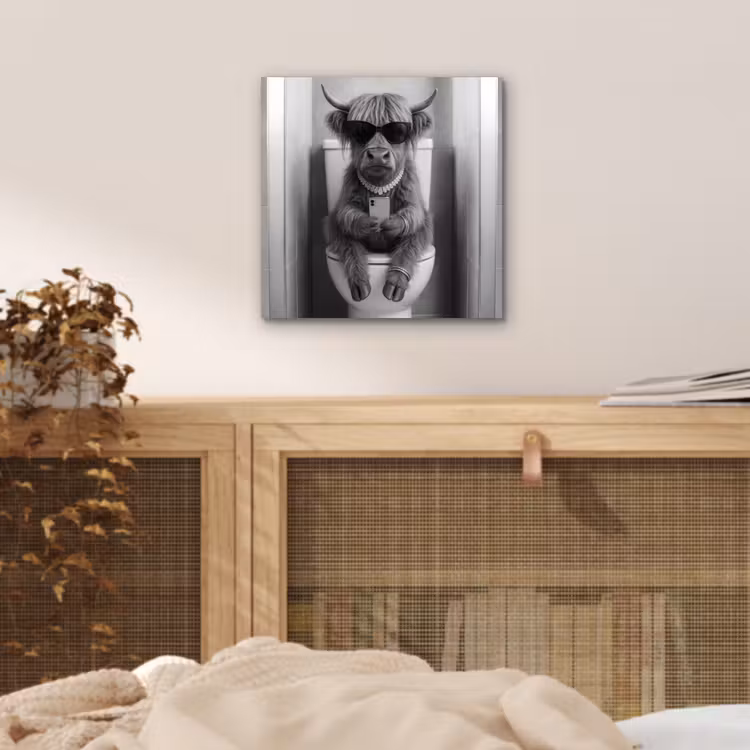Aluminium schilderij - Stier - Telefoon - Toilet - Zwart - Wit — 4