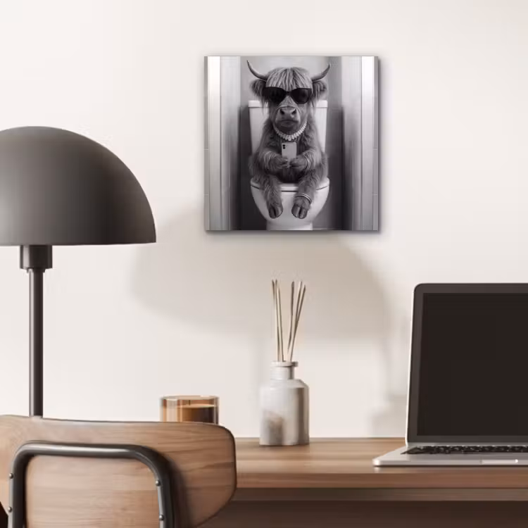 Aluminium schilderij - Stier - Telefoon - Toilet - Zwart - Wit — 6
