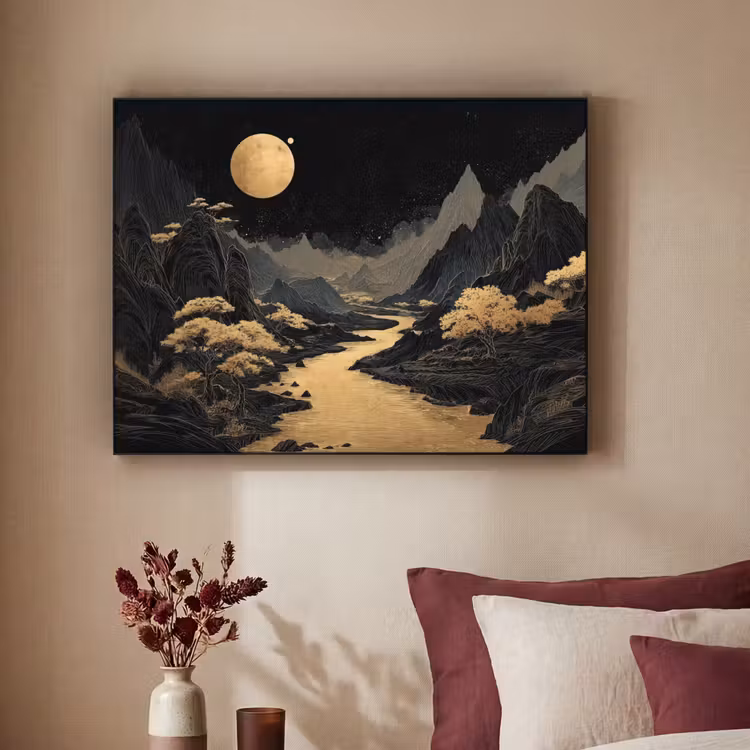 Art Frame - Gouden rivier - Bergen - Maan - Sterrenhemel — 2