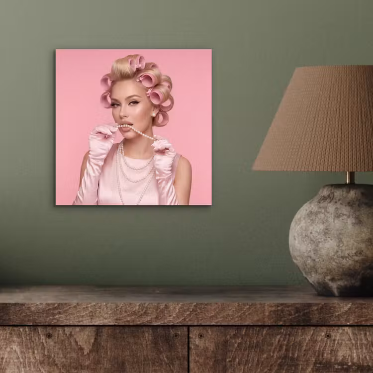 Aluminium schilderij - Vrouw - Roze - Parelketting - Krulspelden — 3