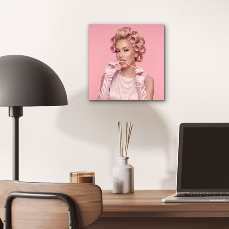 Aluminium schilderij - Vrouw - Roze - Parelketting - Krulspelden — 6