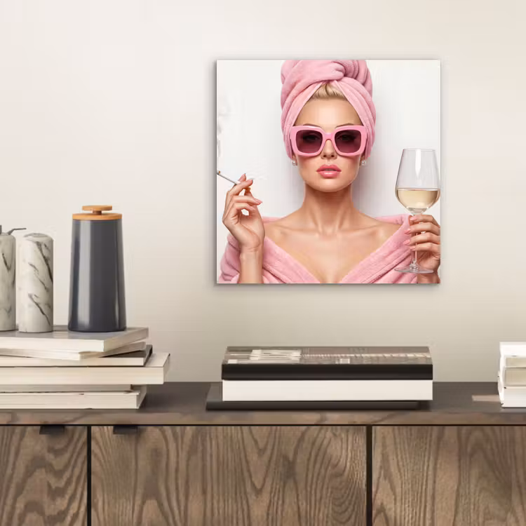 Aluminium schilderij - Vrouw - Roze - Wijn - Zonnebril — 2
