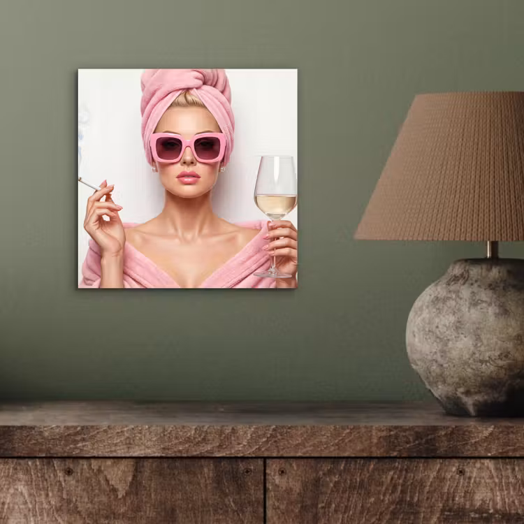 Aluminium schilderij - Vrouw - Roze - Wijn - Zonnebril — 3