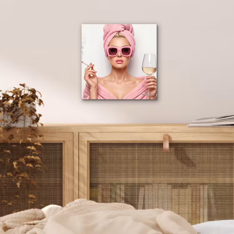 Aluminium schilderij - Vrouw - Roze - Wijn - Zonnebril — 4