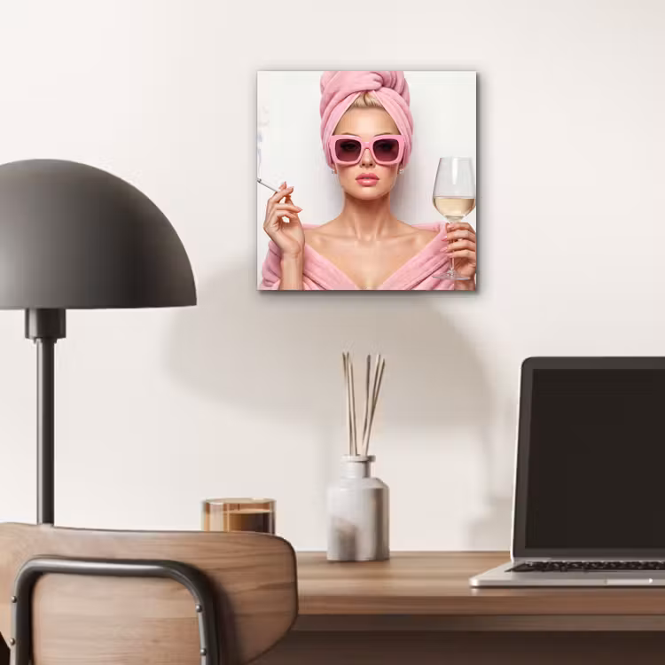 Aluminium schilderij - Vrouw - Roze - Wijn - Zonnebril — 6