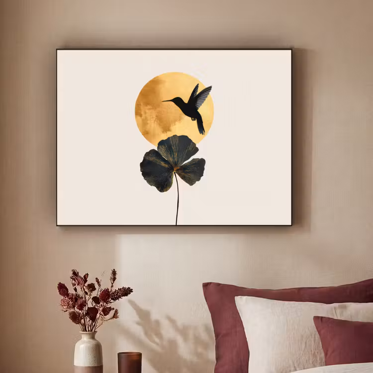 Art Frame - Zwarte kolibrie - Bloem - Gouden cirkel — 2