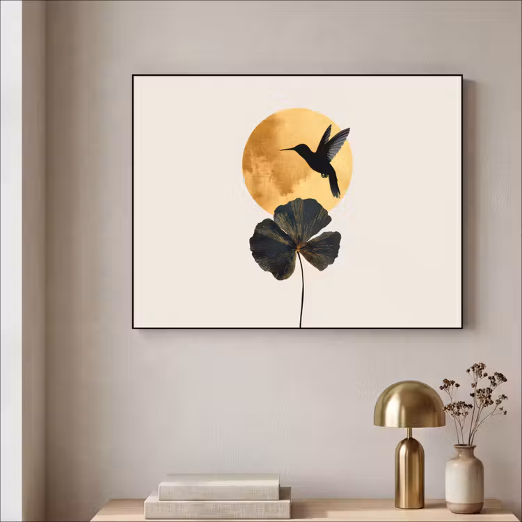 Art Frame - Zwarte kolibrie - Bloem - Gouden cirkel — 3