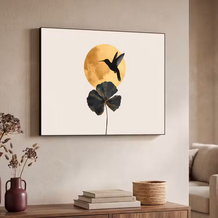 Art Frame - Zwarte kolibrie - Bloem - Gouden cirkel — 4