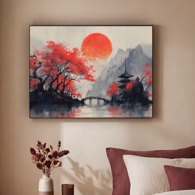 Art Frame - Rode zon - Rivier - brug - Bomen — 2