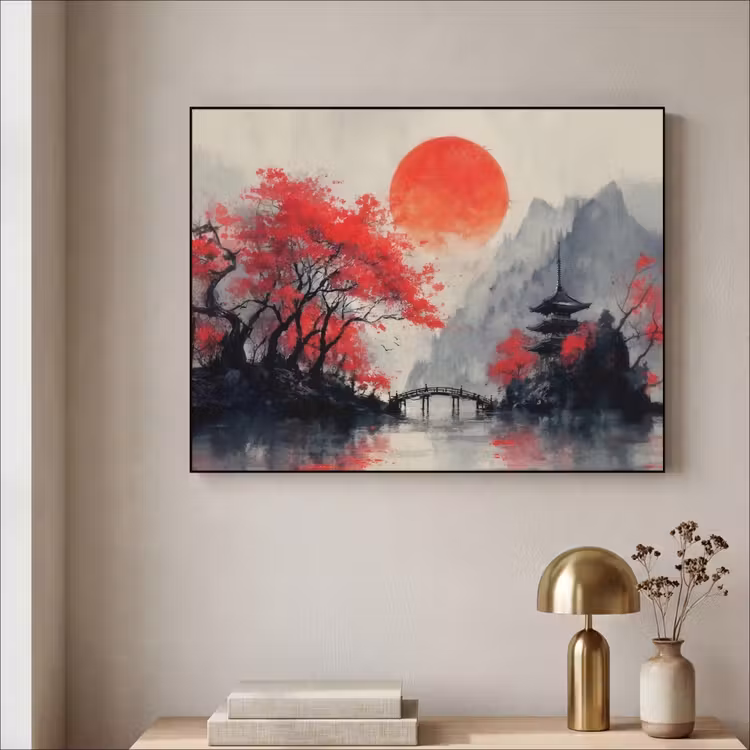 Art Frame - Rode zon - Rivier - brug - Bomen — 3