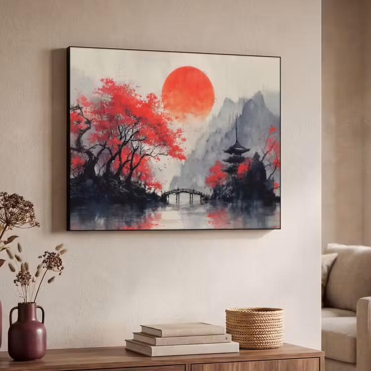 Art Frame - Rode zon - Rivier - brug - Bomen — 4