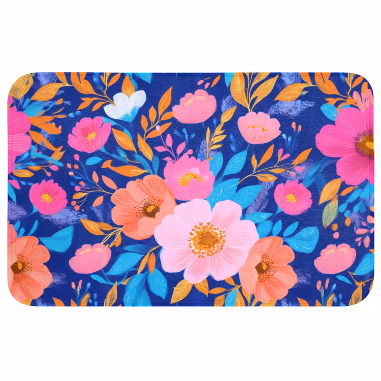 Badmat - Bloemen - Blauw - Roze — 1