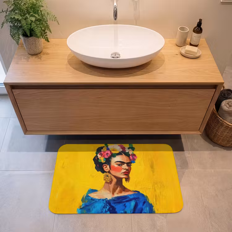 Badmat - Frida Kahlo - Vrouw - Geel - Blauw - Bloemen — 2