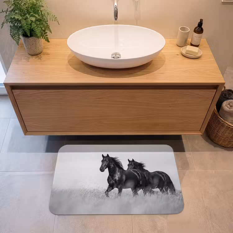 Badmat - Paarden - Gras - Zwart - Wit — 2