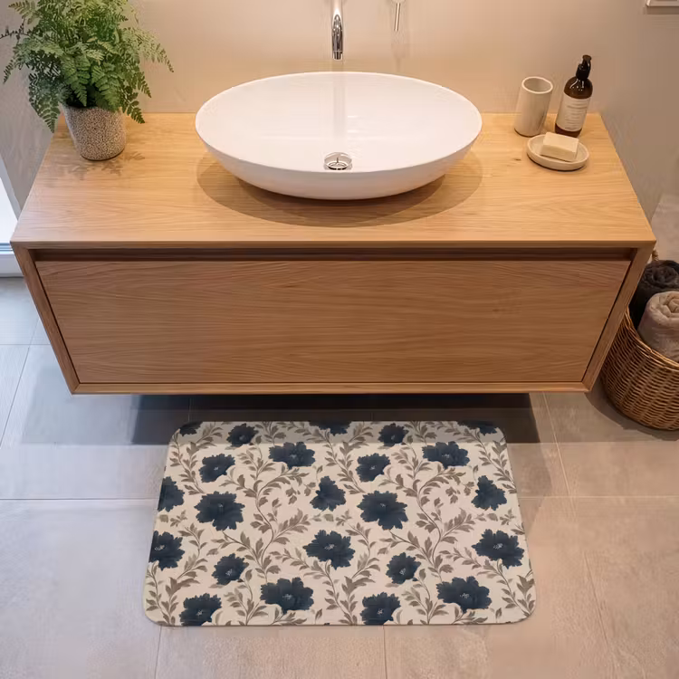 Badmat - Motief - Bloemen - Zwart - Beige — 2
