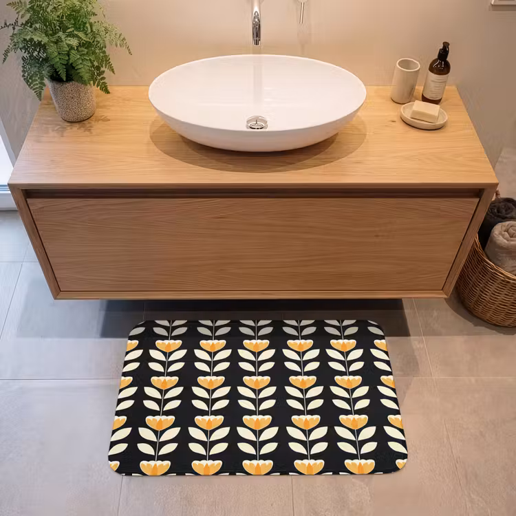 Badmat - Retro - Bloem - Zwart - Okergeel — 2