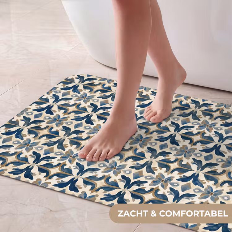 Badmat - Tegel - Patroon - Blauw - Beige — 5