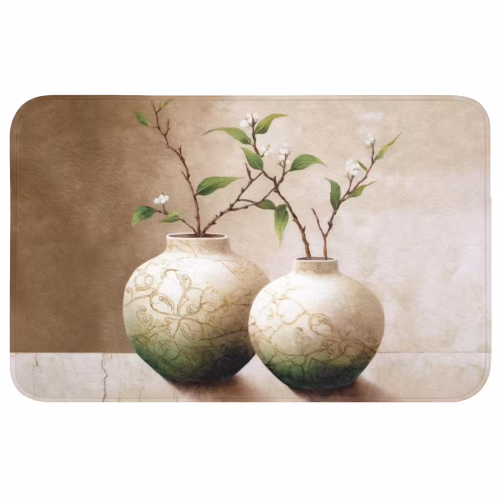Badmat - Bloemen - Vaas - Wit - Botanisch - Beige — 1