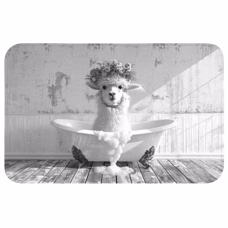Badmat - Alpaca - Bloemen - Dier - Bad - Zwart - Wit — 1