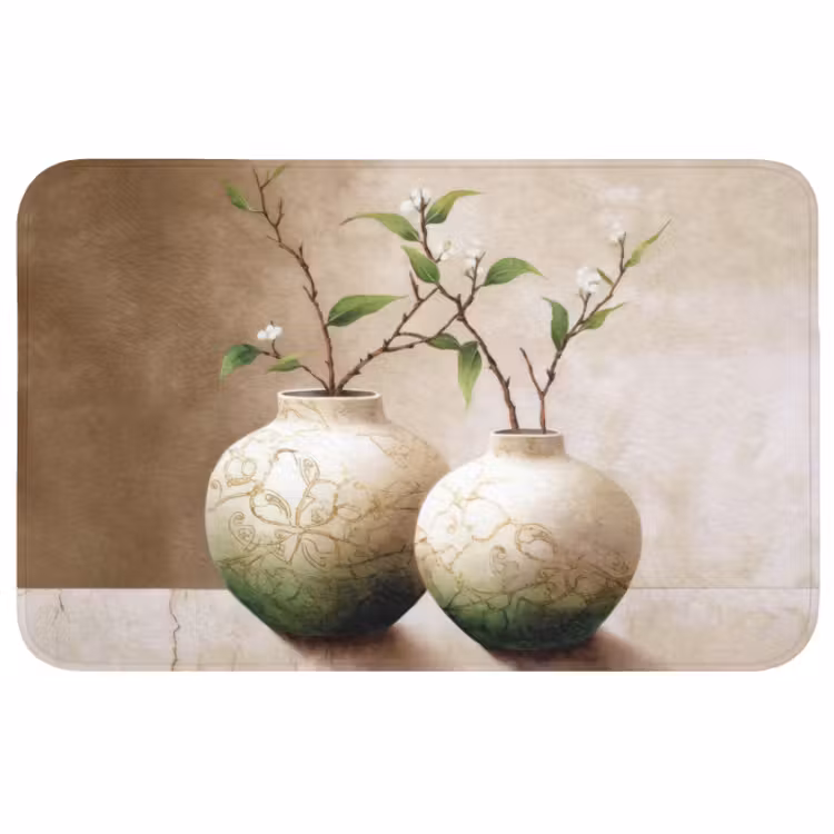 Badmat - Bloemen - Vaas - Wit - Botanisch - Beige — 1