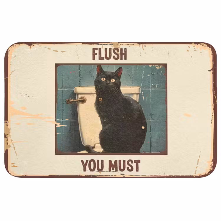 Badmat - Kat - Vintage - Zwart - Quote - Flush you must — 1