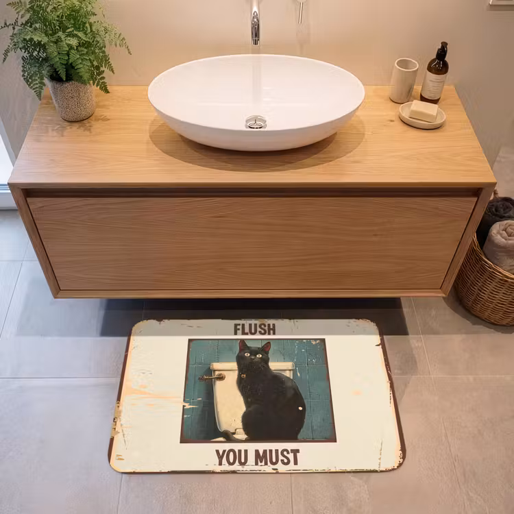 Badmat - Kat - Vintage - Zwart - Quote - Flush you must — 2