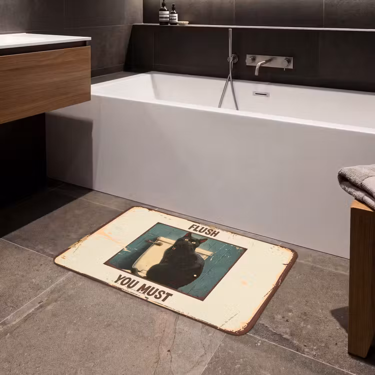 Badmat - Kat - Vintage - Zwart - Quote - Flush you must — 4