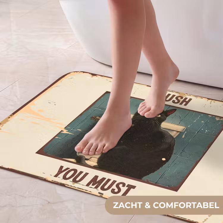Badmat - Kat - Vintage - Zwart - Quote - Flush you must — 5