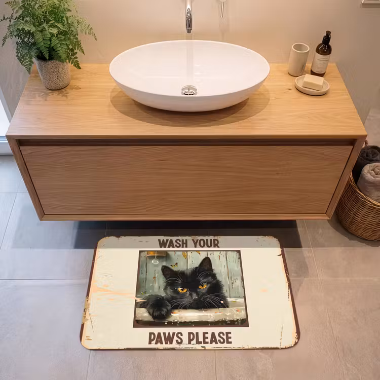 Badmat - Vintage - Kat - Quotes - Wash your paws please - Spreuken — 2