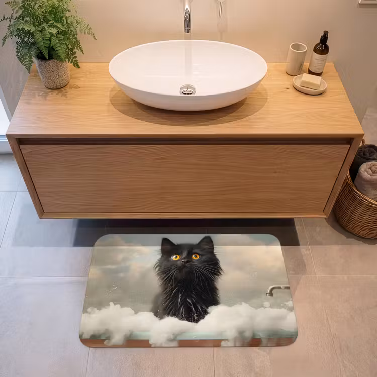 Badmat - Kat - Bad - Zwart - Dieren - Schuim — 2