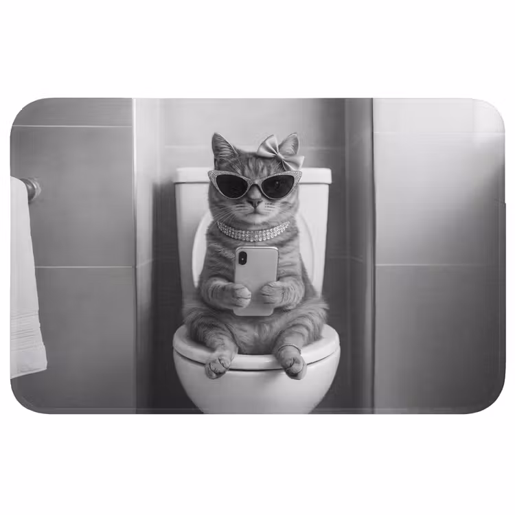 Badmat - Kat - Telefoon - Toilet - Zwart - Wit — 1
