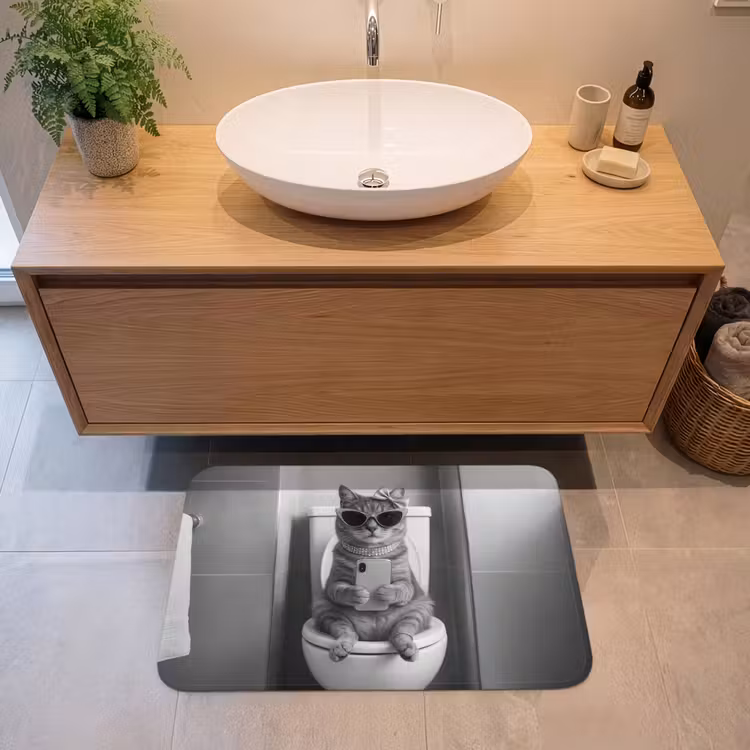 Badmat - Kat - Telefoon - Toilet - Zwart - Wit — 2