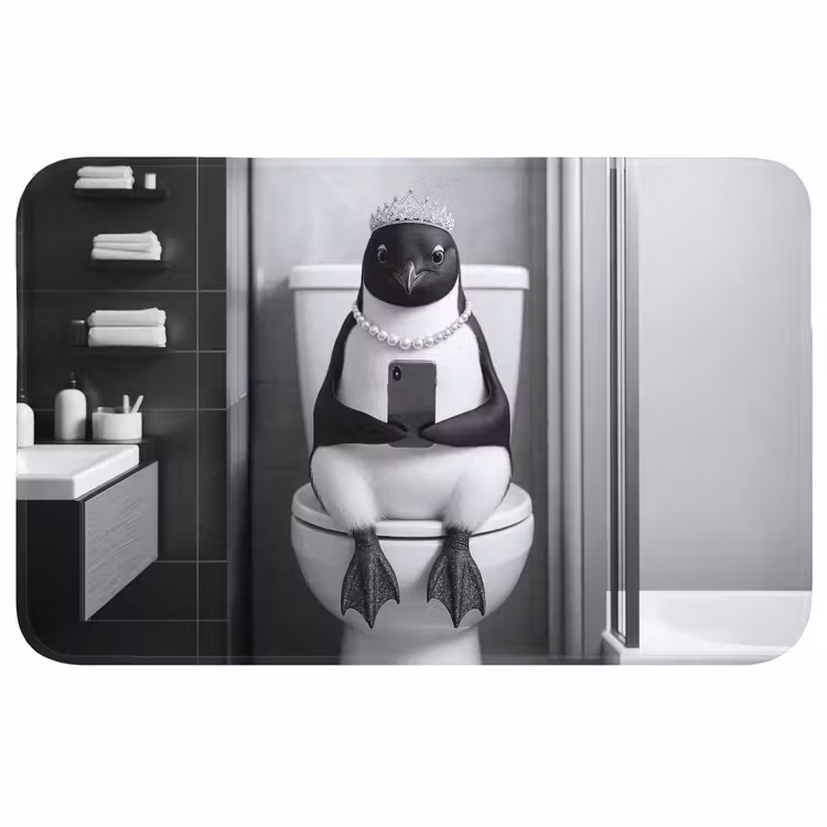 Badmat - Pinguïn - Telefoon - Toilet - Zwart - Wit — 1