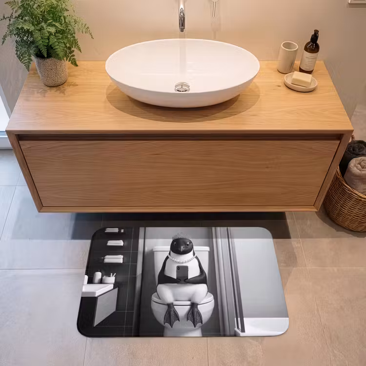 Badmat - Pinguïn - Telefoon - Toilet - Zwart - Wit — 2