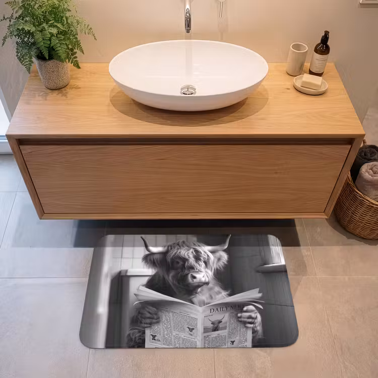 Badmat - Schotse hooglander - Koe - Krant - WC - Zwart wit — 2