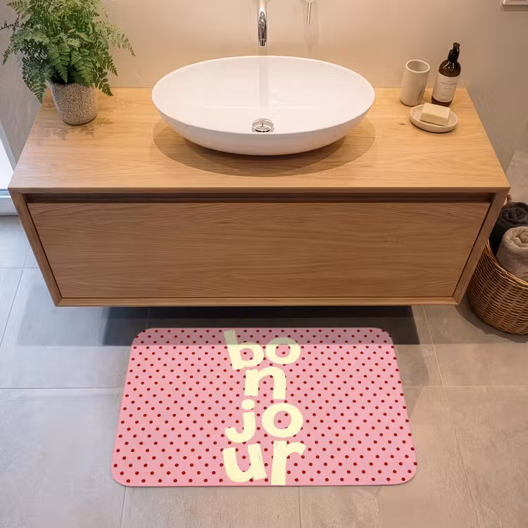 Badmat - Bonjour - Stippen - Roze- Geel — 2