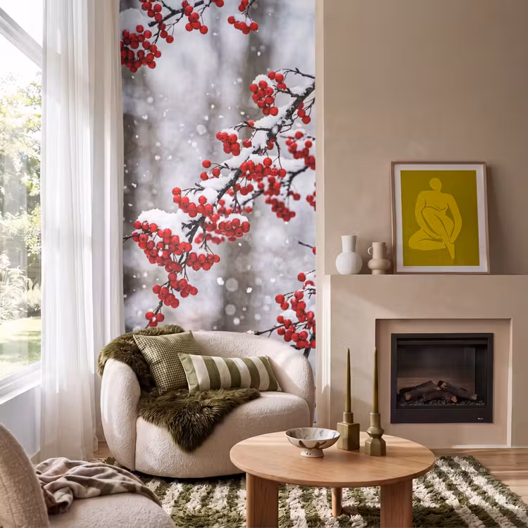 Behang - Bessen - Takken - Sneeuw - Winter - Kleurrijk — 1