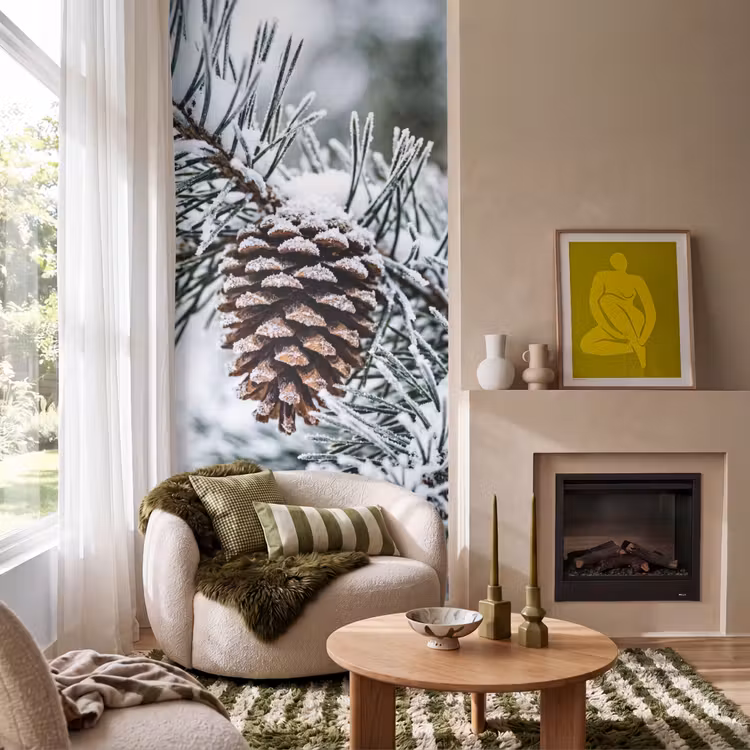 Behang - Dennenappel - Tak - Sneeuw - Winter - Sfeervol — 1
