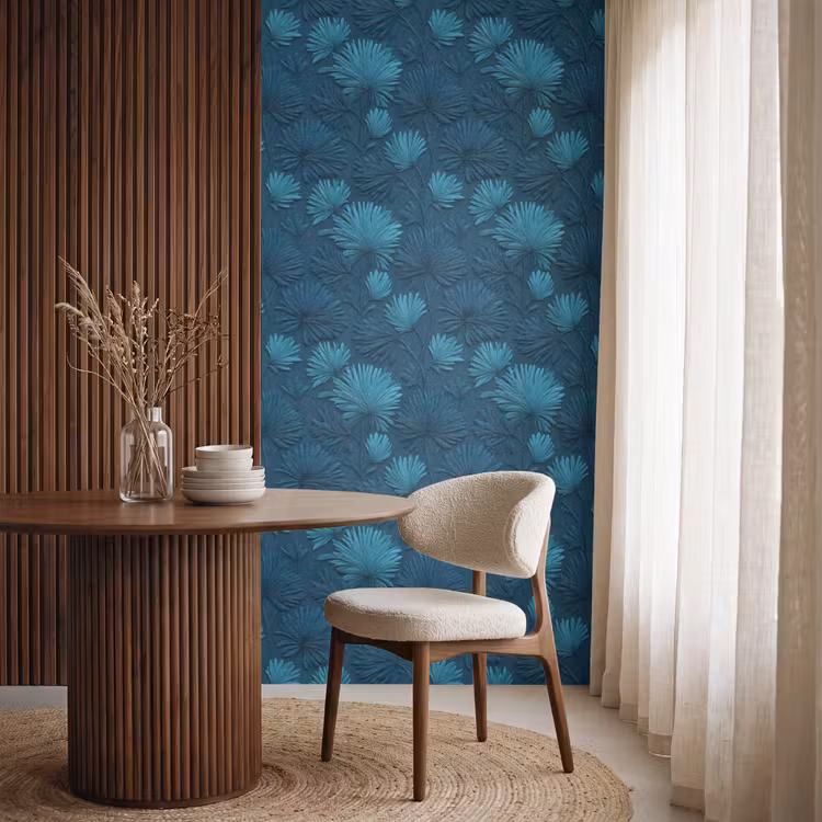 Behang - Bladeren - Reliëf - Patroon - Oceaanblauw - Modern — 4