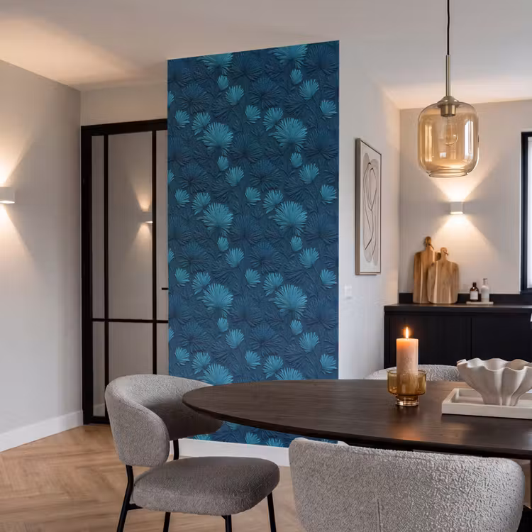 Behang - Bladeren - Reliëf - Patroon - Oceaanblauw - Modern — 5