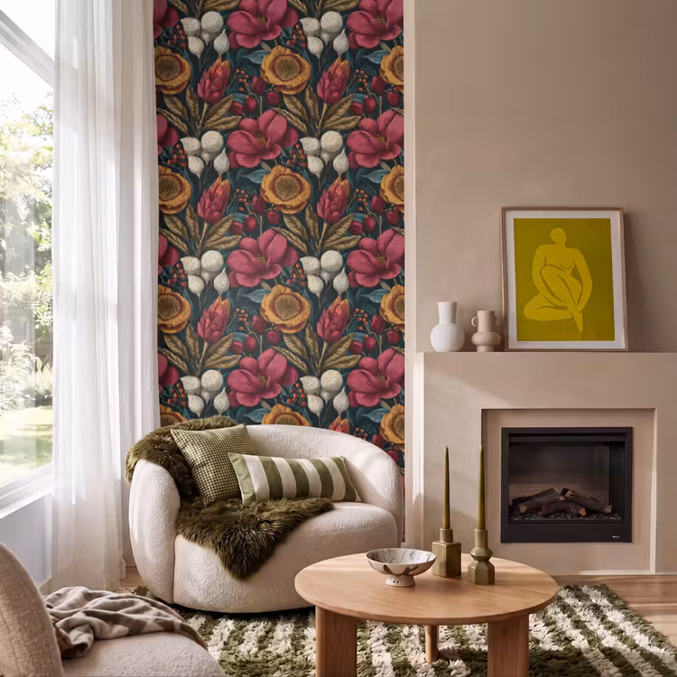 Behang - Bloemen - Patroon - Rood - Goud — 1