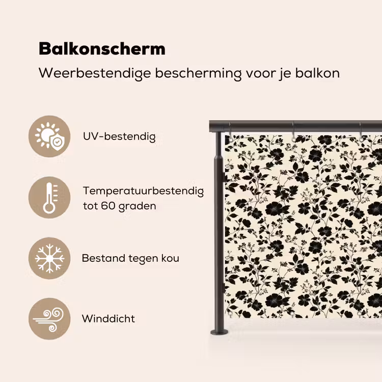 Balkonscherm - Bloemen - Dessin - Zwart — 3