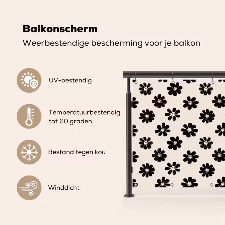 Balkonscherm - Grafisch - Madeliefjes - Zwart - Beige — 3