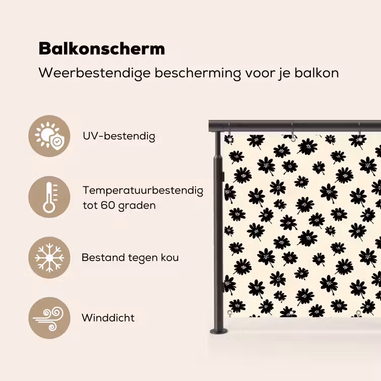 Balkonscherm - Madeliefjes - Grafisch - Zwart - Beige — 3